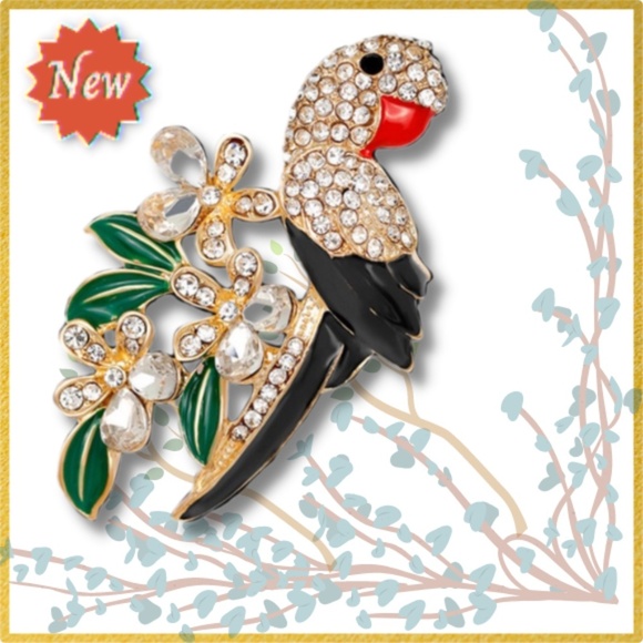 Parrot Brooch Pin Back Crystal Rhinestone Leaves Branches - Pin Back- Detailed - Picture 1 of 7